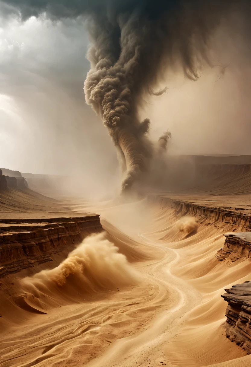 (desert canyon:1.5),Narrow canyon in the middle of the desert,(sandstorm,tornado:1.4),The hurricane rolled up the yellow sand and covered the sky,广阔的desert canyon,dramatic scenery,red sandstone formation,huge rock cliff,stunning landscape,deep and narrow ravine, in the style of photo realistic landscapes, Stone sculptures, cabin core, Stone, in the style of photo realistic landscapes, cabin core, tumbling wave,decorative background, photo realistic landscapes, large canvas format, 32k Ultra HD, photo, The best qualities of imaginative landscapes,4K,8k,high resolution,masterpiece:1.2),Super detailed,(actual,realistically,realistically:1.37),