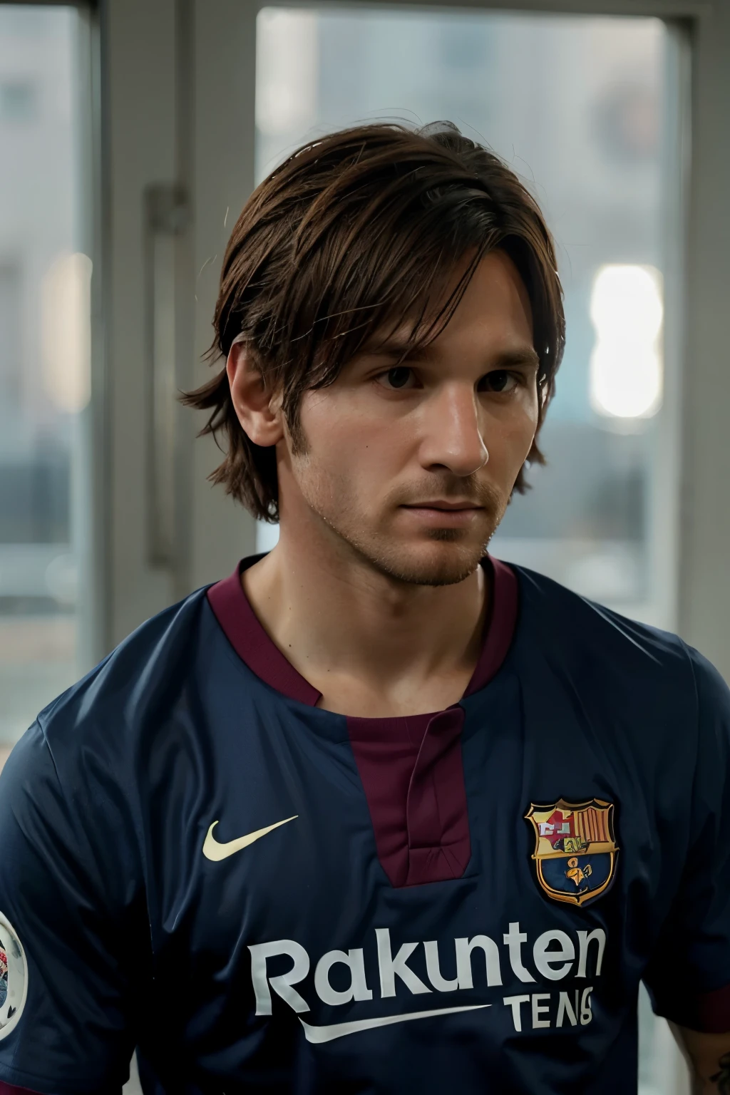 Crea un personaje en 8k que sea igual que Lionel Messi con su camisa de jugador de futbol del barcelona con el numero 10 y un estilo cabello largo, esta tenga imagen tenga un estilo realista y que este mire al frente el personaje que sea identico a Lionel Messi