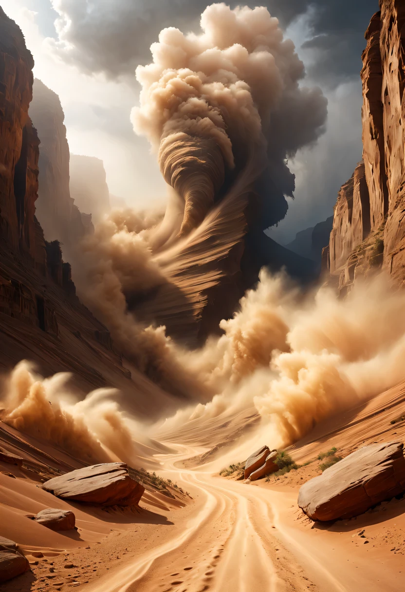 (desert canyon:1.5),Narrow canyon in the middle of the desert,(sandstorm,tornado:1.4),The hurricane rolled up the yellow sand and covered the sky,广阔的desert canyon,dramatic scenery,red sandstone formation,huge rock cliff,stunning landscape,deep and narrow ravine, in the style of photo realistic landscapes, Stone sculptures, cabin core, Stone, in the style of photo realistic landscapes, cabin core, tumbling wave,decorative background, photo realistic landscapes, large canvas format, 32k Ultra HD, photo, The best qualities of imaginative landscapes,4K,8k,high resolution,masterpiece:1.2),Super detailed,(actual,realistically,realistically:1.37),