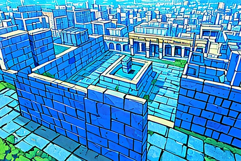 (masterpiece), (blue ancient sumerian city made of blue stone bricks), (blue stone bricks), sprawling city, buildings, (2-point perspective), (two point perspective)