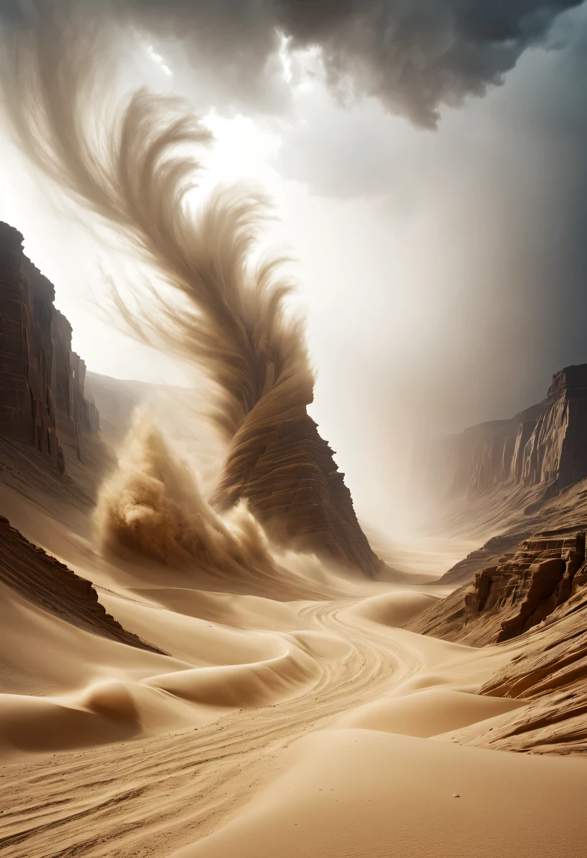 (desert canyon:1.5)，Narrow canyon in the middle of the desert,(sandstorm，tornado:1.4)，The hurricane rolled up the yellow sand and covered the sky，广阔的desert canyon,dramatic scenery,red sandstone formation,huge rock cliff,stunning landscape,deep and narrow ravine, in the style of photo realistic landscapes, Stone sculptures, cabin core, Stone, in the style of photo realistic landscapes, cabin core, tumbling wave,decorative background, photo realistic landscapes, large canvas format, 32k Ultra HD, photo, The best qualities of imaginative landscapes,4K,8k,high resolution,masterpiece:1.2),Super detailed,(actual,realistically,realistically:1.37),