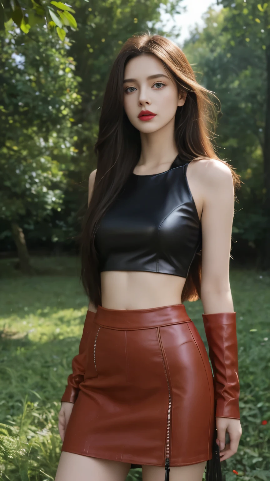 A woman in a leather skirt and top posing for a picture - SeaArt AI