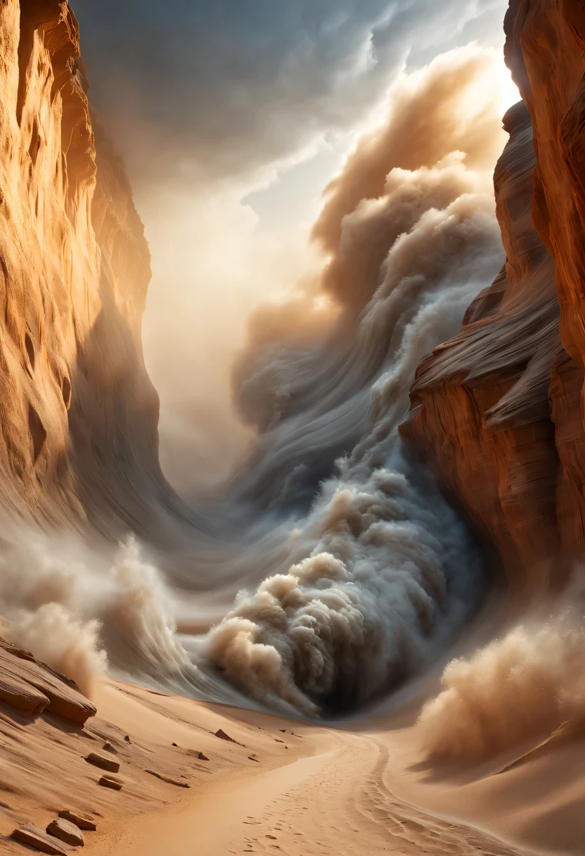(desert canyon:1.5),Narrow canyon in the middle of the desert,(sandstorm,tornado:1.4),The hurricane rolled up the yellow sand and covered the sky,广阔的desert canyon,dramatic scenery,red sandstone formation,huge rock cliff,stunning landscape,deep and narrow ravine, in the style of photo realistic landscapes, Stone sculptures, cabin core, Stone, in the style of photo realistic landscapes, cabin core, tumbling wave,decorative background, photo realistic landscapes, large canvas format, 32k Ultra HD, photo, The best qualities of imaginative landscapes,4K,8k,high resolution,masterpiece:1.2),Super detailed,(actual,realistically,realistically:1.37),
