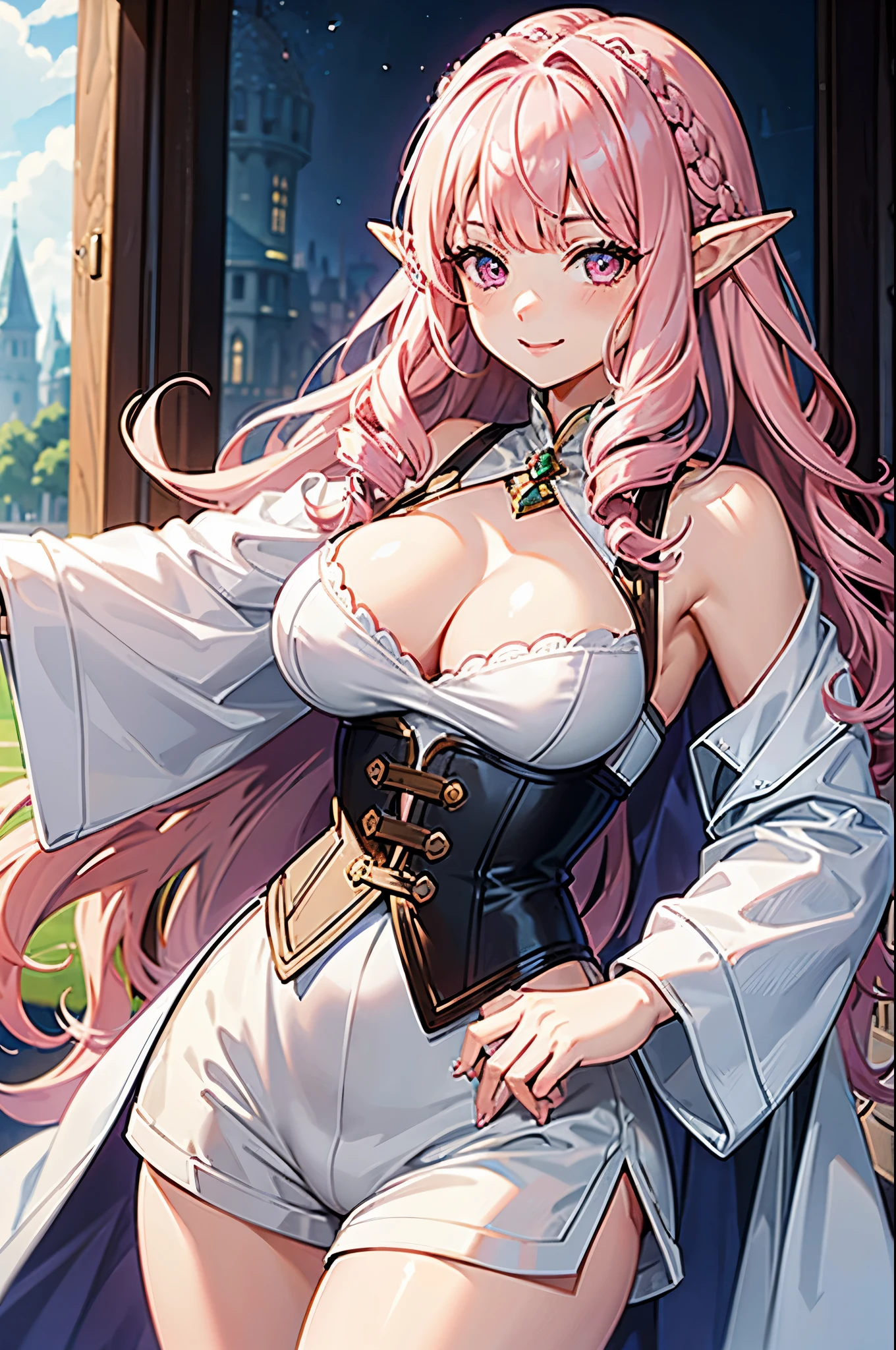 1 girl, Pink hair, curly hair, pink eyes, unique pupils, smiling, medieval-style outfit, long elf ears, incredible quality, masterpiece, curvy, medium-large breasts, cleavage, gorgeous, white horns, shorts, corset top, jacket, fluffy jacket, elf, side-part half bangs, blunt bangs, curly hair