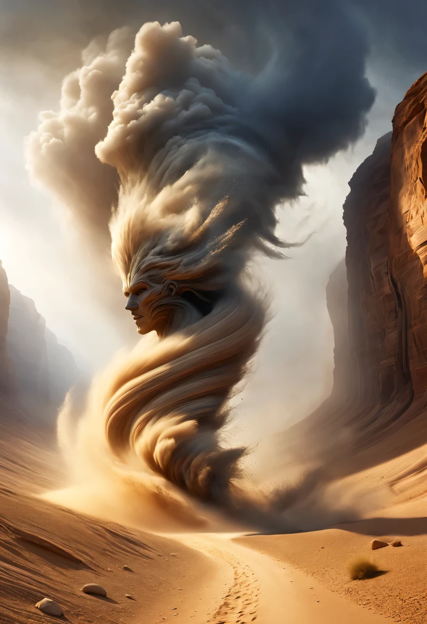 (desert canyon:1.5)，Narrow canyon in the middle of the desert,(sandstorm，tornado:1.4)，The hurricane rolled up the yellow sand and covered the sky，广阔的desert canyon,dramatic scenery,red sandstone formation,huge rock cliff,stunning landscape,deep and narrow ravine, in the style of photo realistic landscapes, Stone sculptures, cabin core, Stone, in the style of photo realistic landscapes, cabin core, tumbling wave,decorative background, photo realistic landscapes, large canvas format, 32k Ultra HD, photo, The best qualities of imaginative landscapes,4K,8k,high resolution,masterpiece:1.2),Super detailed,(actual,realistically,realistically:1.37),