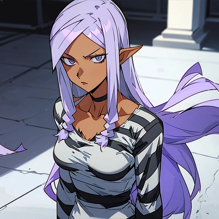 woman with long purple hair, stern look, striped prison clothes, long sleeve shirt, ((black and white harazontal stripes)), round neckline, white slippers, upper body, dirty clothes, manhwa style