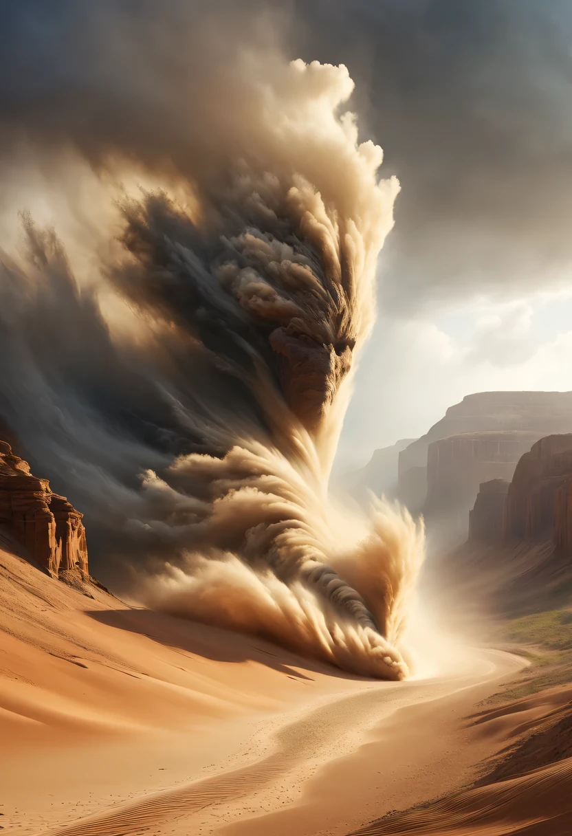 (desert canyon:1.5),Narrow canyon in the middle of the desert,(sandstorm,tornado:1.4),The hurricane rolled up the yellow sand and covered the sky,广阔的desert canyon,dramatic scenery,red sandstone formation,huge rock cliff,stunning landscape,deep and narrow ravine, in the style of photo realistic landscapes, Stone sculptures, cabin core, Stone, in the style of photo realistic landscapes, cabin core, tumbling wave,decorative background, photo realistic landscapes, large canvas format, 32k Ultra HD, photo, The best qualities of imaginative landscapes,4K,8k,high resolution,masterpiece:1.2),Super detailed,(actual,realistically,realistically:1.37),