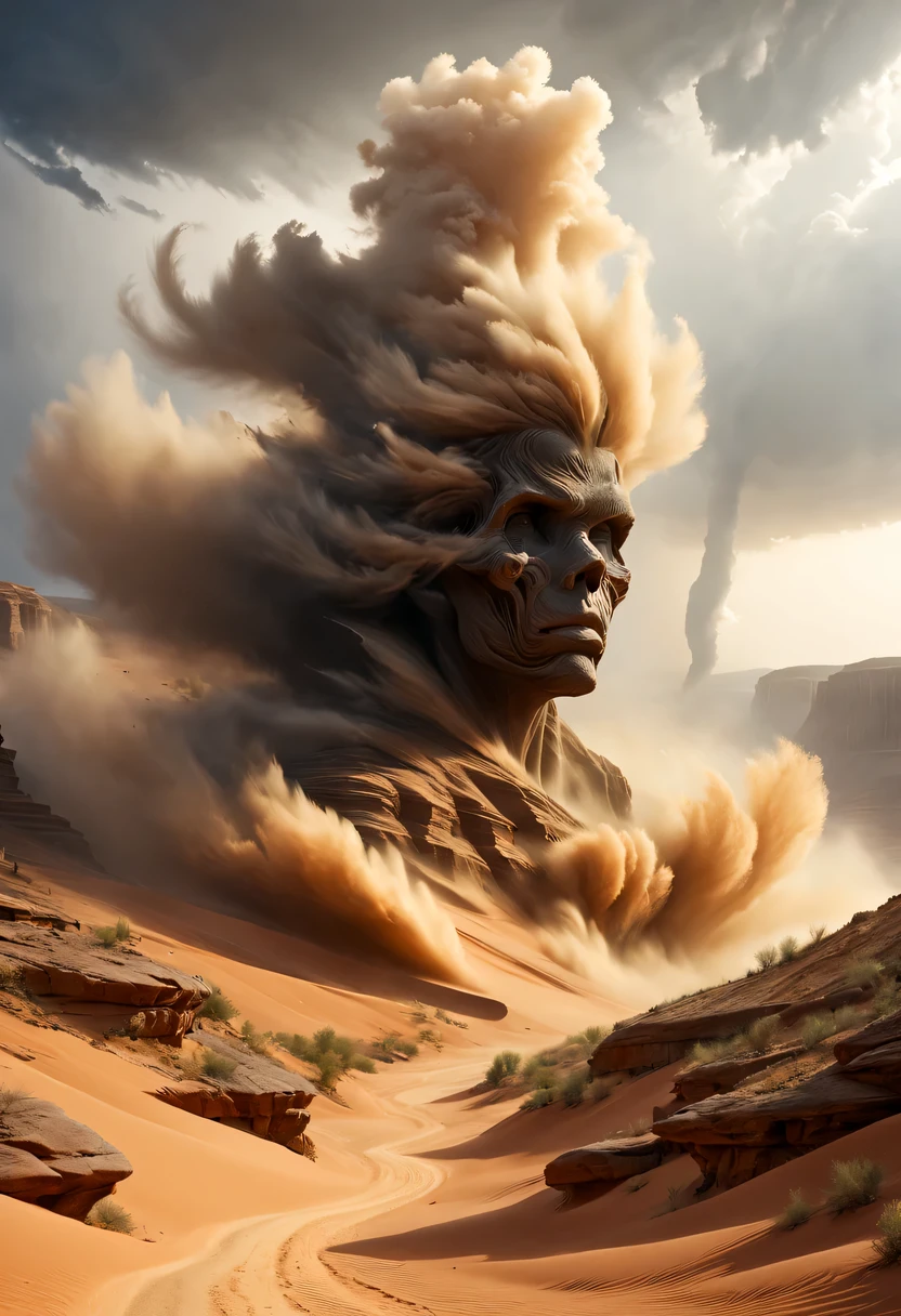 (desert canyon:1.5)，Narrow canyon in the middle of the desert,(sandstorm，tornado:1.4)，The hurricane rolled up the yellow sand and covered the sky，广阔的desert canyon,dramatic scenery,red sandstone formation,huge rock cliff,stunning landscape,deep and narrow ravine, in the style of photo realistic landscapes, Stone sculptures, cabin core, Stone, in the style of photo realistic landscapes, cabin core, tumbling wave,decorative background, photo realistic landscapes, large canvas format, 32k Ultra HD, photo, The best qualities of imaginative landscapes,4K,8k,high resolution,masterpiece:1.2),Super detailed,(actual,realistically,realistically:1.37),