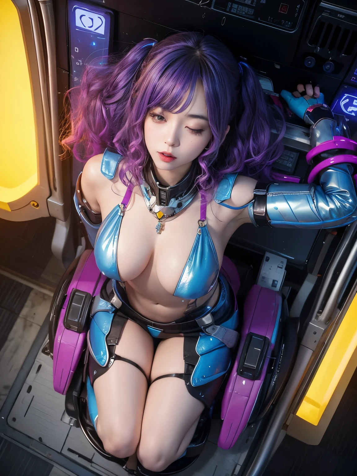 ((realistic)), ((best quality)), ((masterpiece)), (ultra details), 1girl, futuristic, cute face, k-pop idle IVE, messy hair, curly hair, wearing パワードスーツ、mechanical, wearing futuristic clothing, posing in floor, shot from above, sleeping in floor, sleeping, background cyber punk, background neon sign, steam punk, blue nipples, blue nipples, purple nipples, red nipples, yellow nipples,  overhead shot, (from above:2), overhead shot widely,