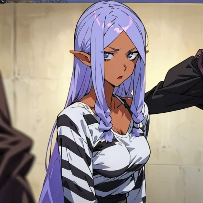 woman with long purple hair, stern look, striped prison clothes, long sleeve shirt, ((black and white harazontal stripes)), round neckline, white slippers, upper body, dirty clothes, manhwa style