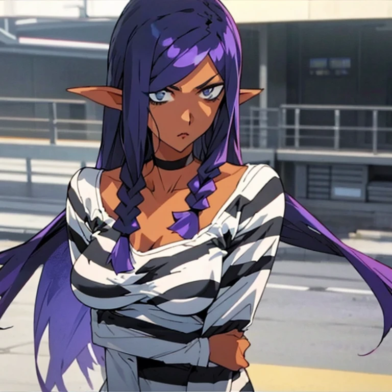 woman with long purple hair, stern look, striped prison clothes, long sleeve shirt, ((black and white harazontal stripes)), round neckline, white slippers, upper body, dirty clothes, manhwa style