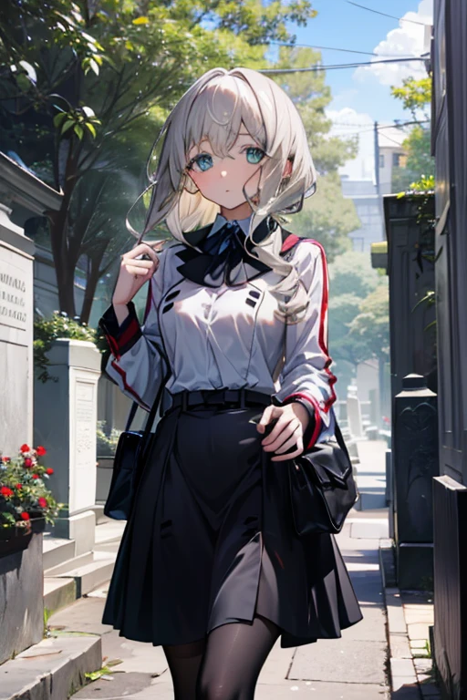 A silver haired woman with green eyes is walking through the cemetery with a silver haired boy with green eyes