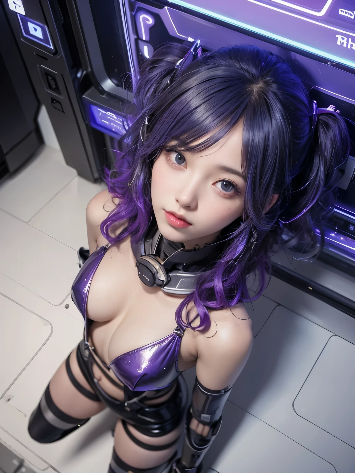 ((realistic)), ((best quality)), ((masterpiece)), (ultra details), 1girl, futuristic, cute face, k-pop idle IVE, messy hair, curly hair, wearing パワードスーツ、mechanical, wearing futuristic clothing, posing in bed, shot from above, sleeping in bed, sleeping, background cyber punk, background neon sign, steam punk, blue nipples, blue nipples, purple nipples, overhead shot, (from above:2), overhead shot widely,