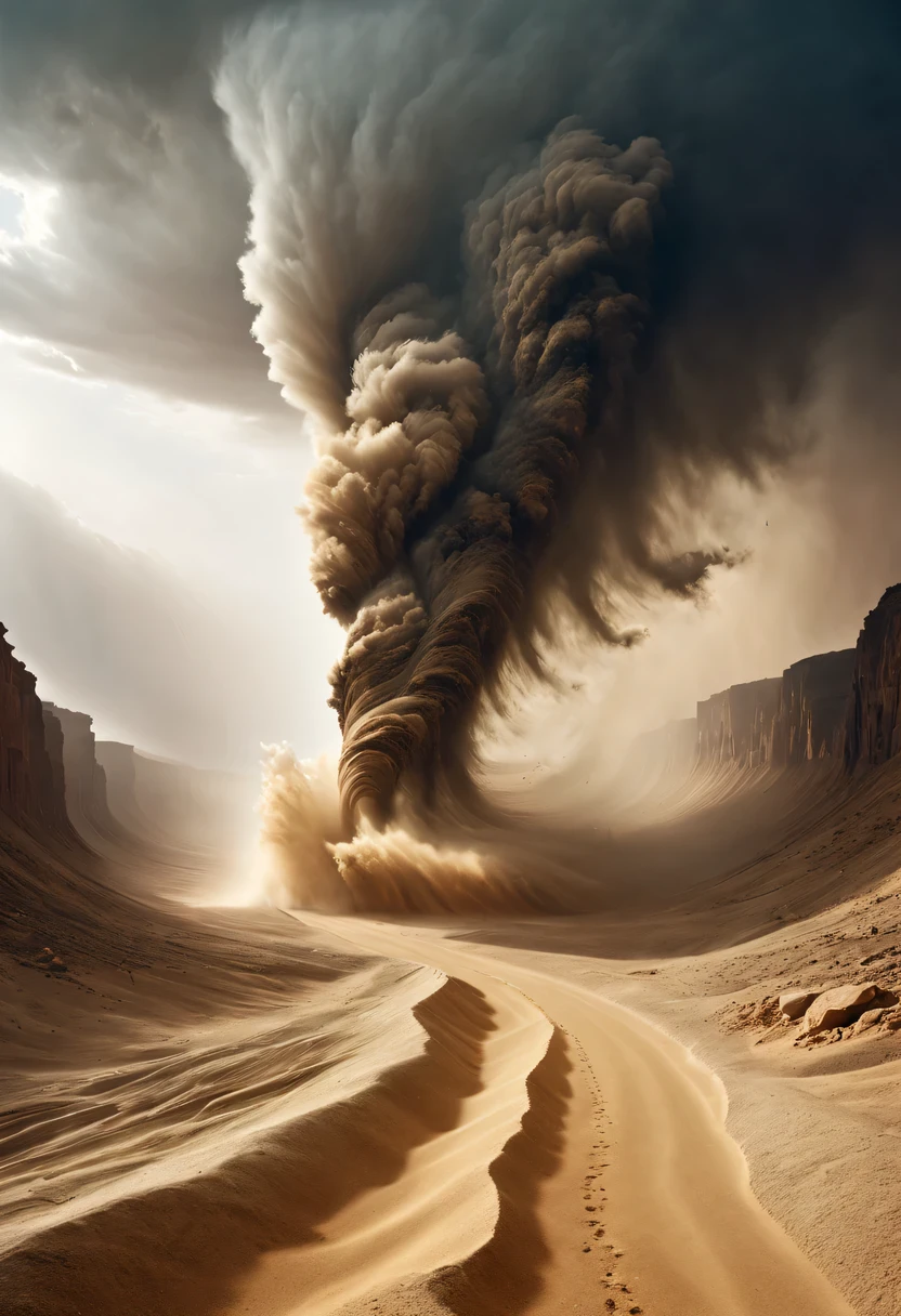 (desert canyon:1.5),Narrow canyon in the middle of the desert,(sandstorm,tornado:1.4),The hurricane rolled up the yellow sand and covered the sky,广阔的desert canyon,dramatic scenery,red sandstone formation,huge rock cliff,stunning landscape,deep and narrow ravine, in the style of photo realistic landscapes, Stone sculptures, cabin core, Stone, in the style of photo realistic landscapes, cabin core, tumbling wave,decorative background, photo realistic landscapes, large canvas format, 32k Ultra HD, photo, The best qualities of imaginative landscapes,4K,8k,high resolution,masterpiece:1.2),Super detailed,(actual,realistically,realistically:1.37),