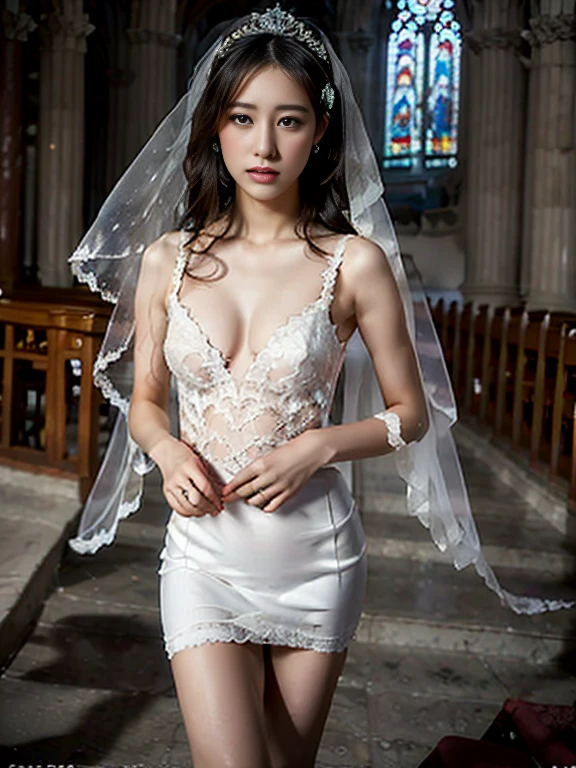a beautiful bride in a stunning deep v wedding dress, detailed lace details, flowing veil, elegant room, small body, small breast, delicate satin fabric, intricate embroidery, sparkling beadwork, long flowing sleeves, sweetheart neckline, fitted bodice, graceful silhouette, soft pastel color palette, ethereal lighting, romantic atmosphere, fine art photography style, high-resolution image, vibrant colors, dreamy and magical. in bed room