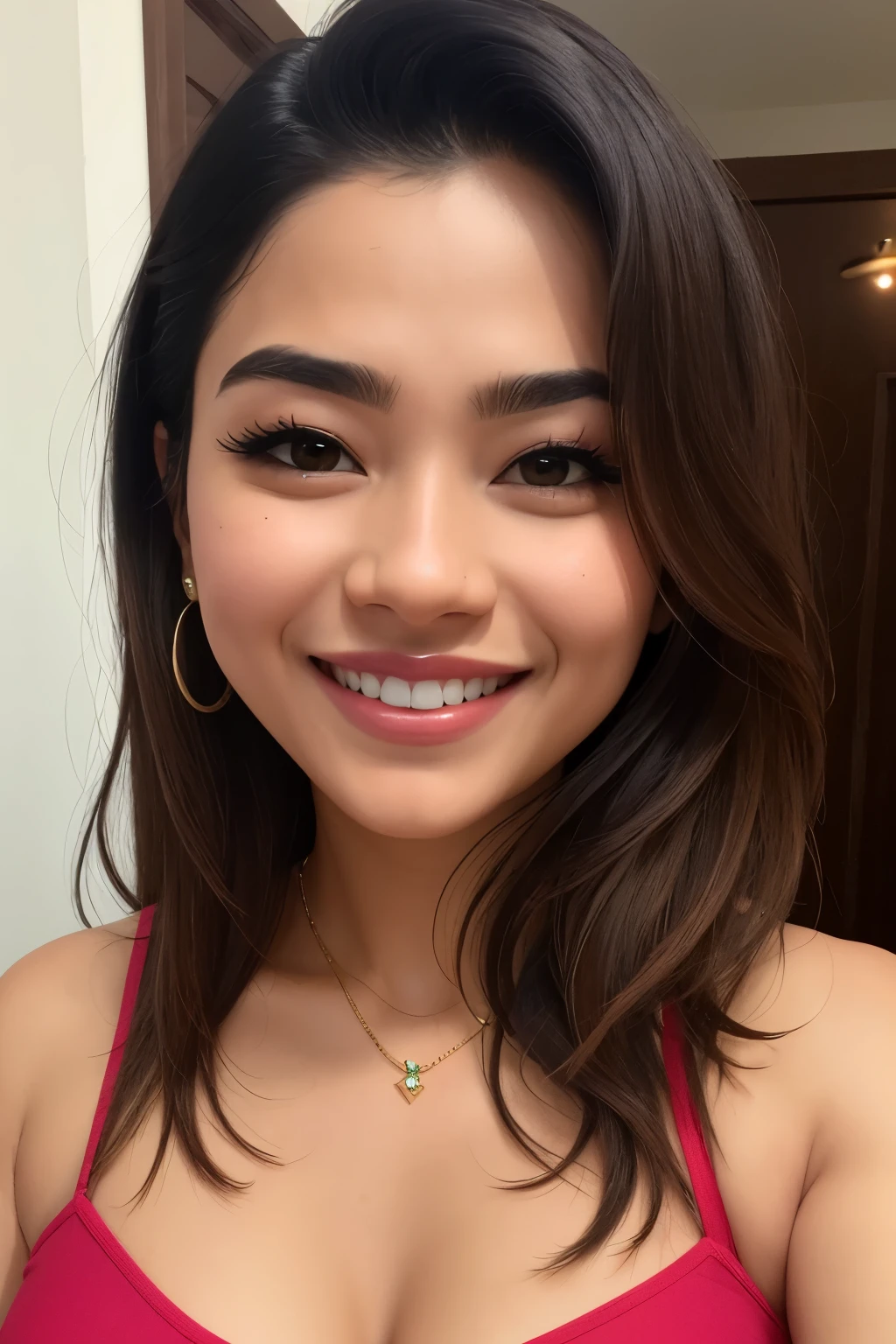 ((best quality)), ((masterpiece)), (detailed), perfect face, smiling, indian woman, black hair, course eye brows, strong nose, big smile, oval face, dark olive skin, undressed
