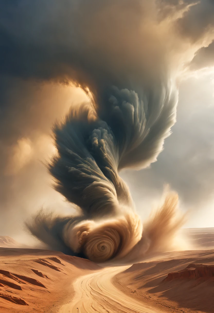 (desert canyon:1.5)，Narrow canyon in the middle of the desert,(sandstorm，tornado:1.4)，The hurricane rolled up the yellow sand and covered the sky，广阔的desert canyon,dramatic scenery,red sandstone formation,huge rock cliff,stunning landscape,deep and narrow ravine, in the style of photo realistic landscapes, Stone sculptures, cabin core, Stone, in the style of photo realistic landscapes, cabin core, tumbling wave,decorative background, photo realistic landscapes, large canvas format, 32k Ultra HD, photo, The best qualities of imaginative landscapes,4K,8k,high resolution,masterpiece:1.2),Super detailed,(actual,realistically,realistically:1.37),