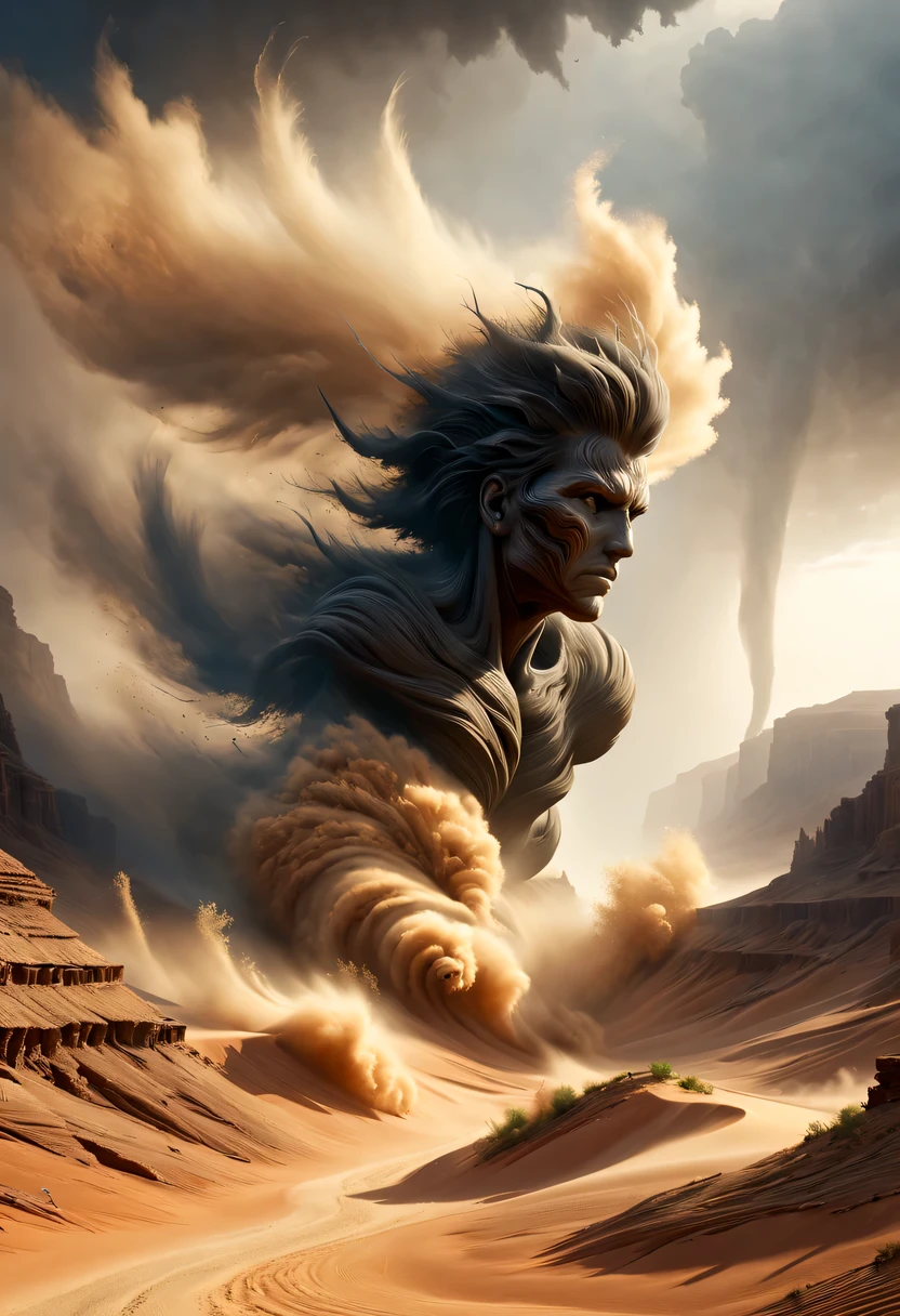 (desert canyon:1.5),Narrow canyon in the middle of the desert,(sandstorm,tornado:1.4),The hurricane rolled up the yellow sand and covered the sky,广阔的desert canyon,dramatic scenery,red sandstone formation,huge rock cliff,stunning landscape,deep and narrow ravine, in the style of photo realistic landscapes, Stone sculptures, cabin core, Stone, in the style of photo realistic landscapes, cabin core, tumbling wave,decorative background, photo realistic landscapes, large canvas format, 32k Ultra HD, photo, The best qualities of imaginative landscapes,4K,8k,high resolution,masterpiece:1.2),Super detailed,(actual,realistically,realistically:1.37),