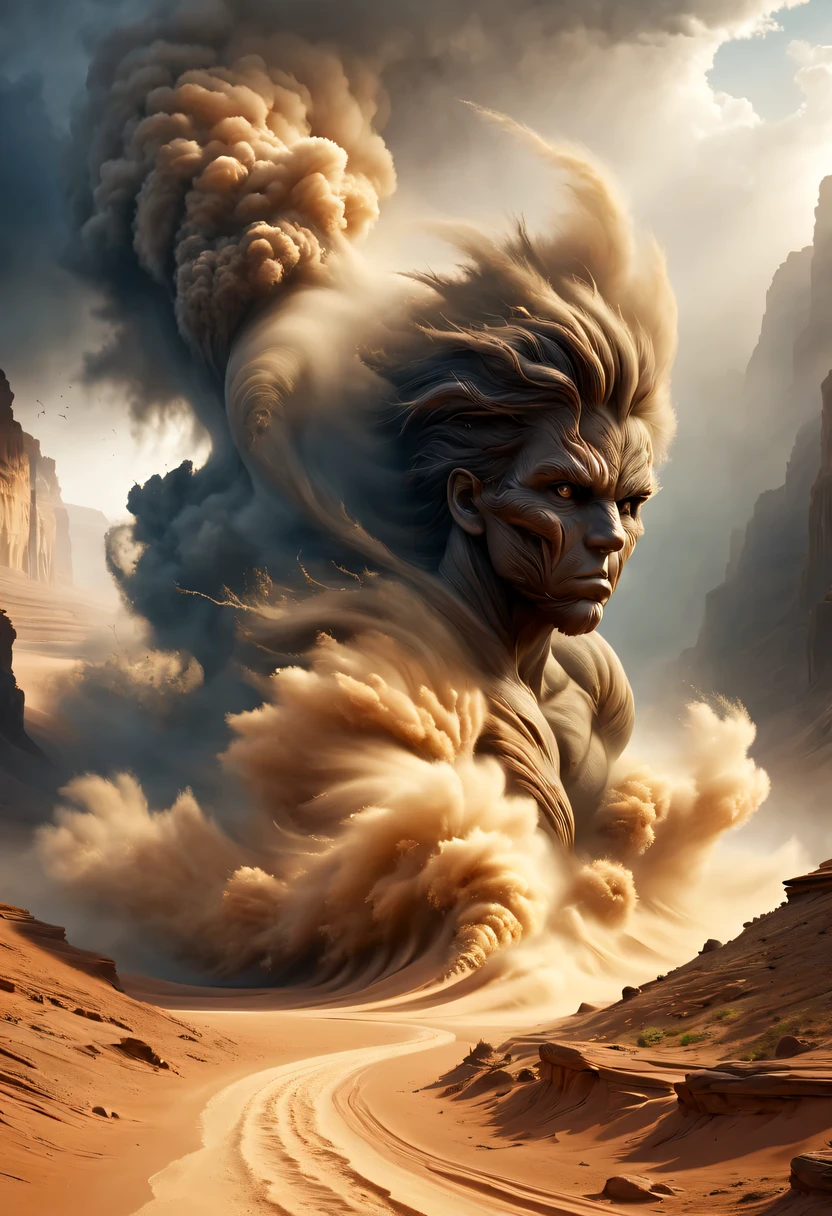 (desert canyon:1.5)，Narrow canyon in the middle of the desert,(sandstorm，tornado:1.4)，The hurricane rolled up the yellow sand and covered the sky，广阔的desert canyon,dramatic scenery,red sandstone formation,huge rock cliff,stunning landscape,deep and narrow ravine, in the style of photo realistic landscapes, Stone sculptures, cabin core, Stone, in the style of photo realistic landscapes, cabin core, tumbling wave,decorative background, photo realistic landscapes, large canvas format, 32k Ultra HD, photo, The best qualities of imaginative landscapes,4K,8k,high resolution,masterpiece:1.2),Super detailed,(actual,realistically,realistically:1.37),