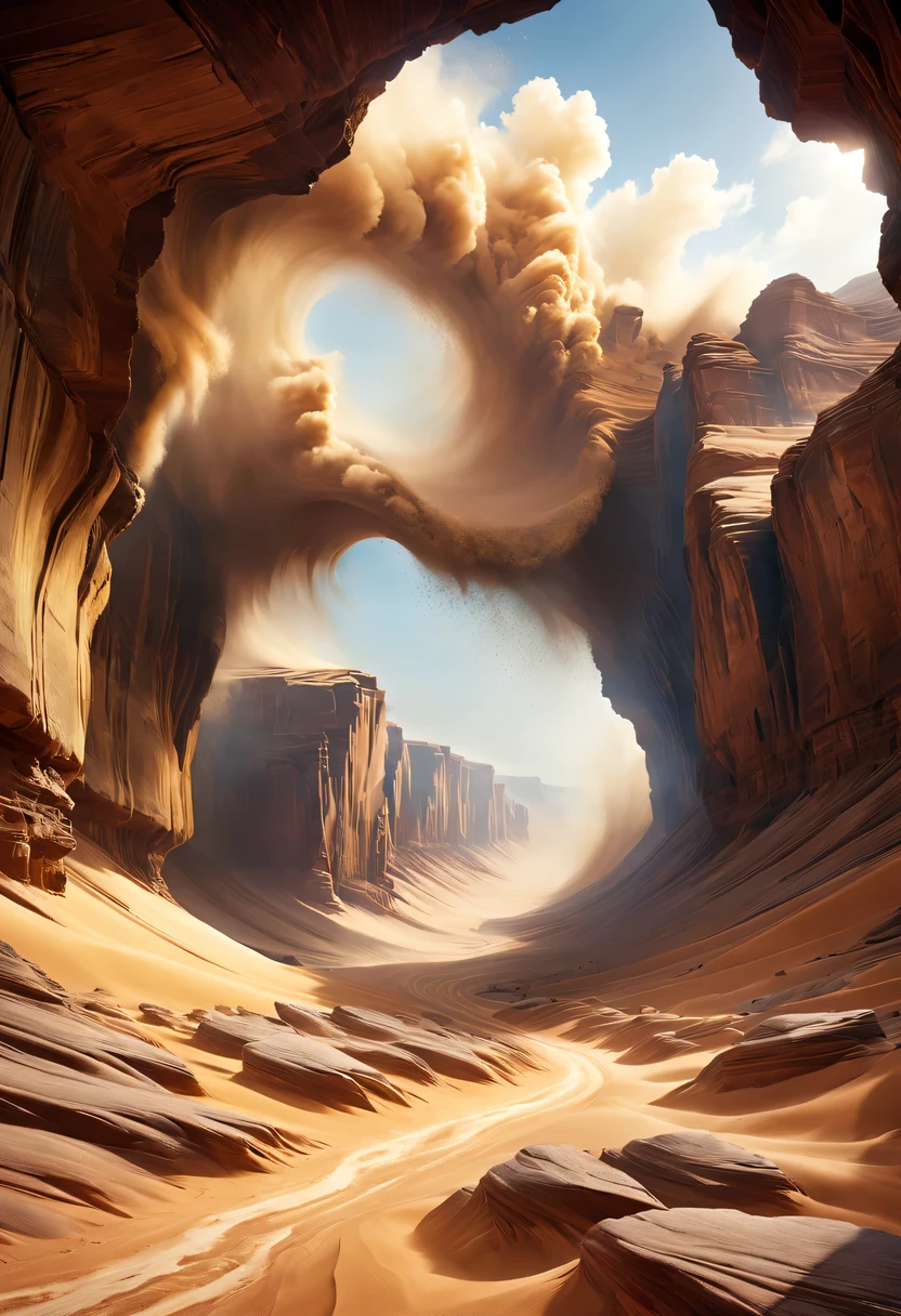 (desert canyon:1.5),Narrow canyon in the middle of the desert,sandstorm,tornado,The hurricane rolled up the yellow sand and covered the sky,广阔的desert canyon,dramatic scenery,red sandstone formation,huge rock cliff,stunning landscape,deep and narrow ravine, in the style of photo realistic landscapes, Stone sculptures, cabin core, Stone, in the style of photo realistic landscapes, cabin core, tumbling wave,decorative background, photo realistic landscapes, large canvas format, 32k Ultra HD, photo, The best qualities of imaginative landscapes,4K,8k,high resolution,masterpiece:1.2),Super detailed,(actual,realistically,realistically:1.37),
