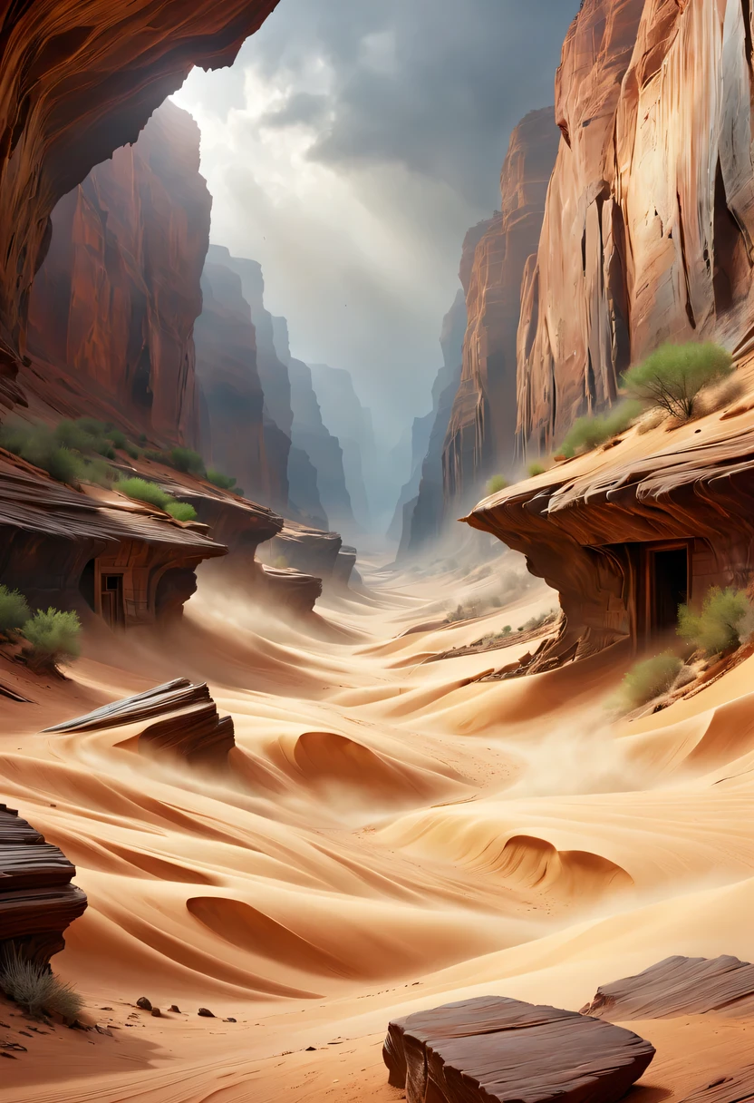 (desert canyon:1.5)，Narrow canyon in the middle of the desert,sandstorm，tornado，The hurricane rolled up the yellow sand and covered the sky，广阔的desert canyon,dramatic scenery,red sandstone formation,huge rock cliff,stunning landscape,deep and narrow ravine, in the style of photo realistic landscapes, Stone sculptures, cabin core, Stone, in the style of photo realistic landscapes, cabin core, tumbling wave,decorative background, photo realistic landscapes, large canvas format, 32k Ultra HD, photo, The best qualities of imaginative landscapes,4K,8k,high resolution,masterpiece:1.2),Super detailed,(actual,realistically,realistically:1.37),