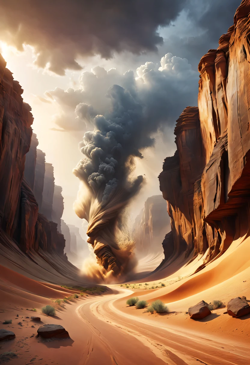 (desert canyon:1.5)，Narrow canyon in the middle of the desert,sandstorm，tornado，The hurricane rolled up the yellow sand and covered the sky，广阔的desert canyon,dramatic scenery,red sandstone formation,huge rock cliff,stunning landscape,deep and narrow ravine, in the style of photo realistic landscapes, Stone sculptures, cabin core, Stone, in the style of photo realistic landscapes, cabin core, tumbling wave,decorative background, photo realistic landscapes, large canvas format, 32k Ultra HD, photo, The best qualities of imaginative landscapes,4K,8k,high resolution,masterpiece:1.2),Super detailed,(actual,realistically,realistically:1.37),