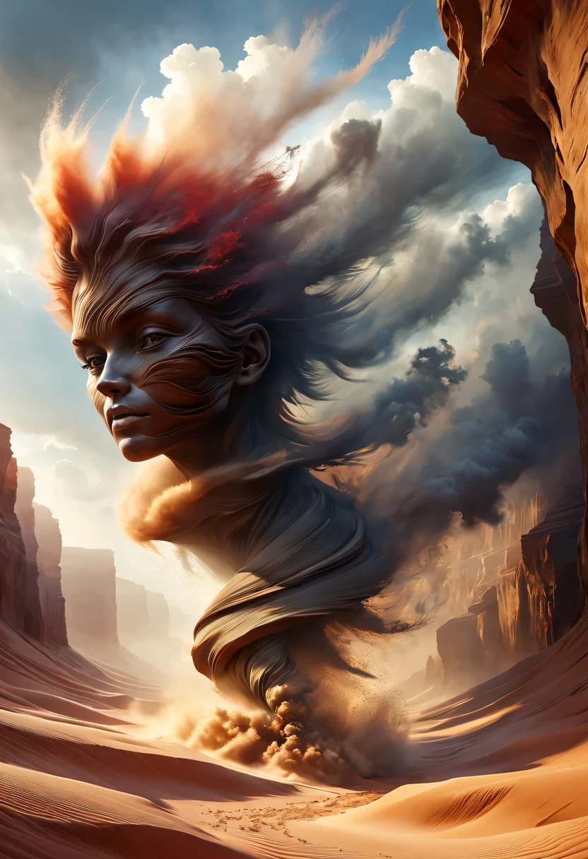 (desert canyon:1.5),Narrow canyon in the middle of the desert,sandstorm,tornado,The hurricane rolled up the yellow sand and covered the sky,广阔的desert canyon,dramatic scenery,red sandstone formation,huge rock cliff,stunning landscape,deep and narrow ravine, in the style of photo realistic landscapes, Stone sculptures, cabin core, Stone, in the style of photo realistic landscapes, cabin core, tumbling wave,decorative background, photo realistic landscapes, large canvas format, 32k Ultra HD, photo, The best qualities of imaginative landscapes,4K,8k,high resolution,masterpiece:1.2),Super detailed,(actual,realistically,realistically:1.37),