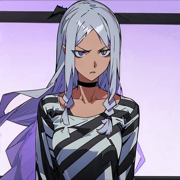 woman with long purple hair, stern look, striped prison clothes, long sleeve shirt, ((black and white harazontal stripes)), round neckline, white slippers, upper body, dirty clothes, manhwa style