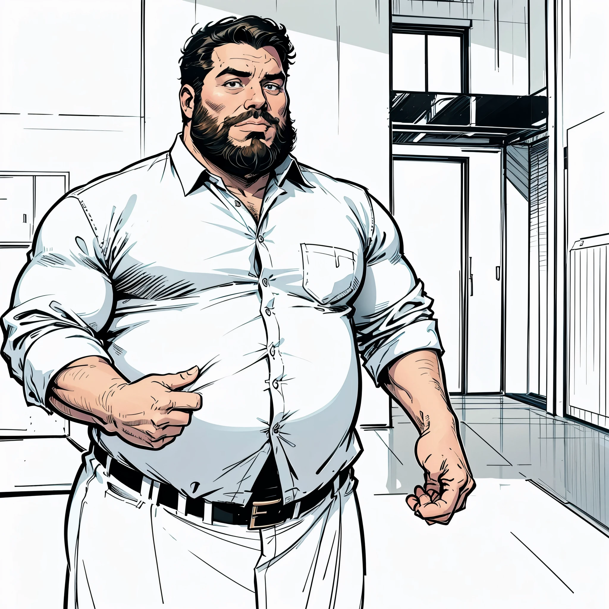 sketch of a handsome, fat man with a nice beard and in a dress shirt . line arte digital