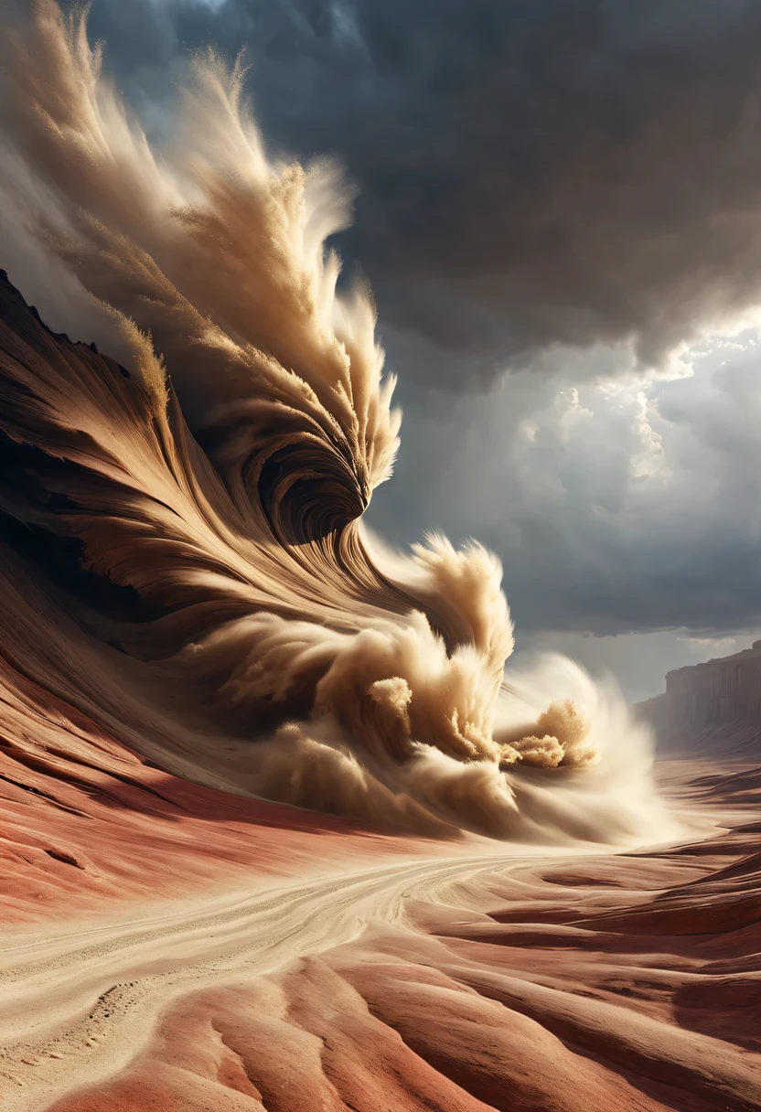(desert canyon:1.5),Narrow canyon in the middle of the desert,sandstorm,tornado,The hurricane rolled up the yellow sand and covered the sky,广阔的desert canyon,dramatic scenery,red sandstone formation,huge rock cliff,stunning landscape,deep and narrow ravine, in the style of photo realistic landscapes, Stone sculptures, cabin core, Stone, in the style of photo realistic landscapes, cabin core, tumbling wave,decorative background, photo realistic landscapes, large canvas format, 32k Ultra HD, photo, The best qualities of imaginative landscapes,4K,8k,high resolution,masterpiece:1.2),Super detailed,(actual,realistically,realistically:1.37),
