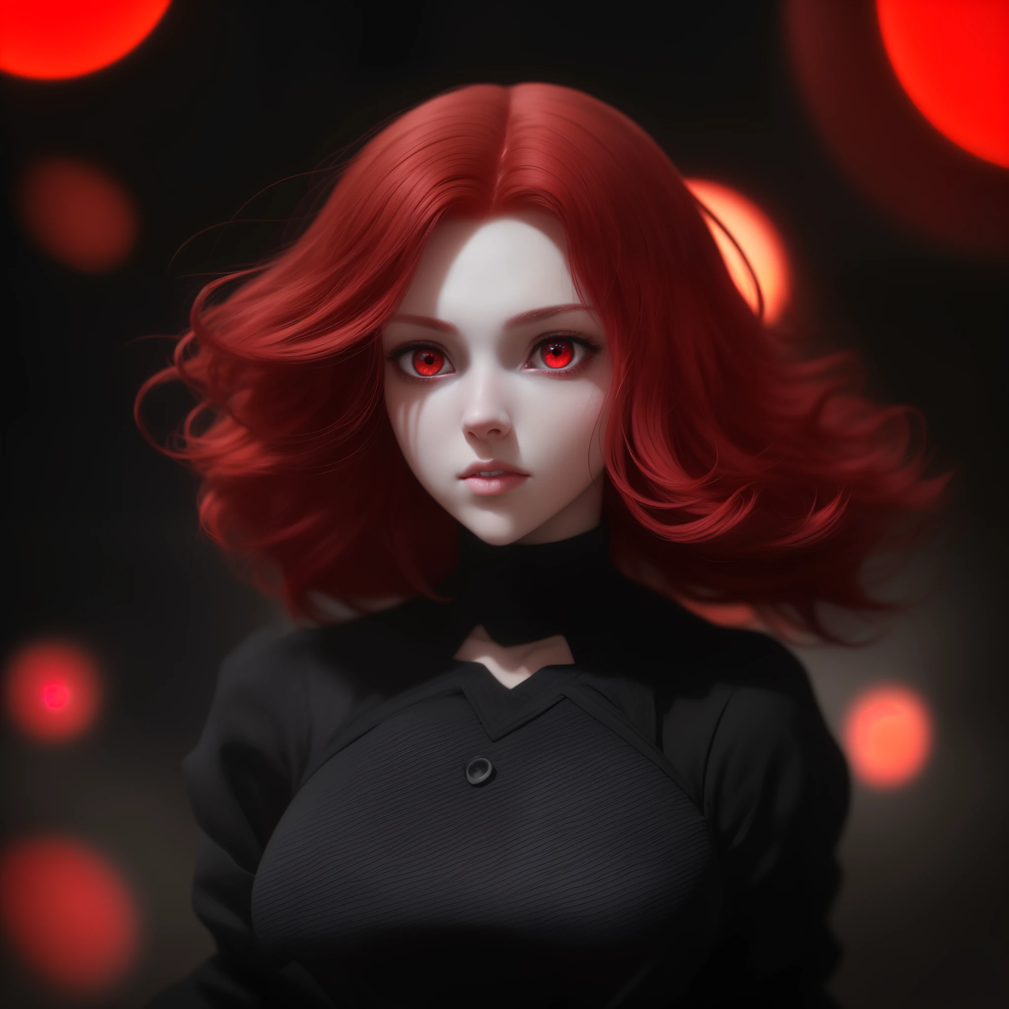 (a close-up of a person with Red hair,wearing a black dress,anime girl in dress, red eyes,3d render character art 8k,red-eyed, dark witch character),(best quality,4k,8k,highres,masterpiece:1.2),ultra-detailed,(realistic,photorealistic,photo-realistic:1.37),HDR,UHD,studio lighting,ultra-fine painting,sharp focus,physically-based rendering,extreme detail description,professional,vivid colors,bokeh,portraits,anime,dark fantasy,monochrome color palette,subtle and dramatic lighting