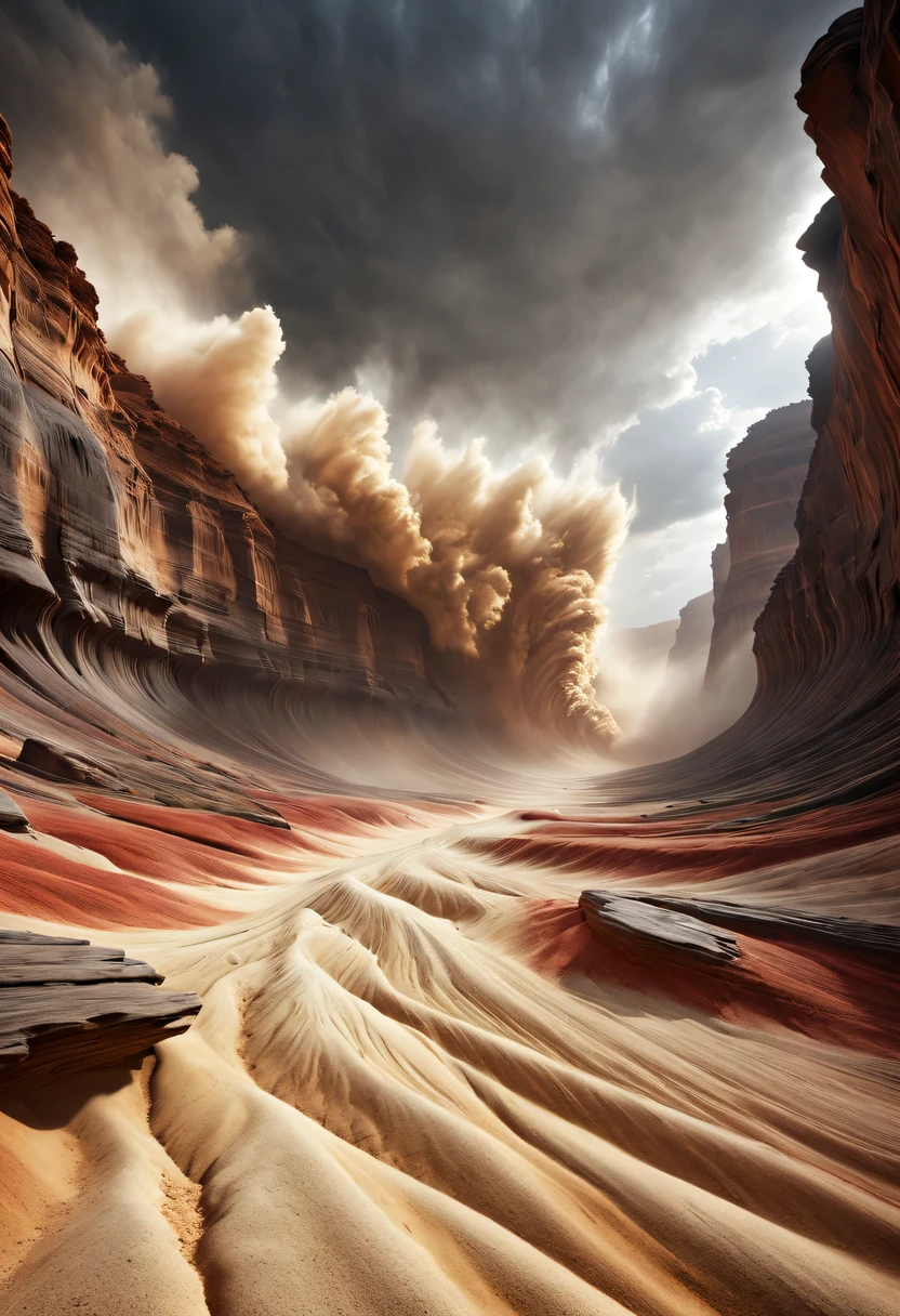 (desert canyon:1.5)，Narrow canyon in the middle of the desert,sandstorm，tornado，The hurricane rolled up the yellow sand and covered the sky，广阔的desert canyon,dramatic scenery,red sandstone formation,huge rock cliff,stunning landscape,deep and narrow ravine, in the style of photo realistic landscapes, Stone sculptures, cabin core, Stone, in the style of photo realistic landscapes, cabin core, tumbling wave,decorative background, photo realistic landscapes, large canvas format, 32k Ultra HD, photo, The best qualities of imaginative landscapes,4K,8k,high resolution,masterpiece:1.2),Super detailed,(actual,realistically,realistically:1.37),