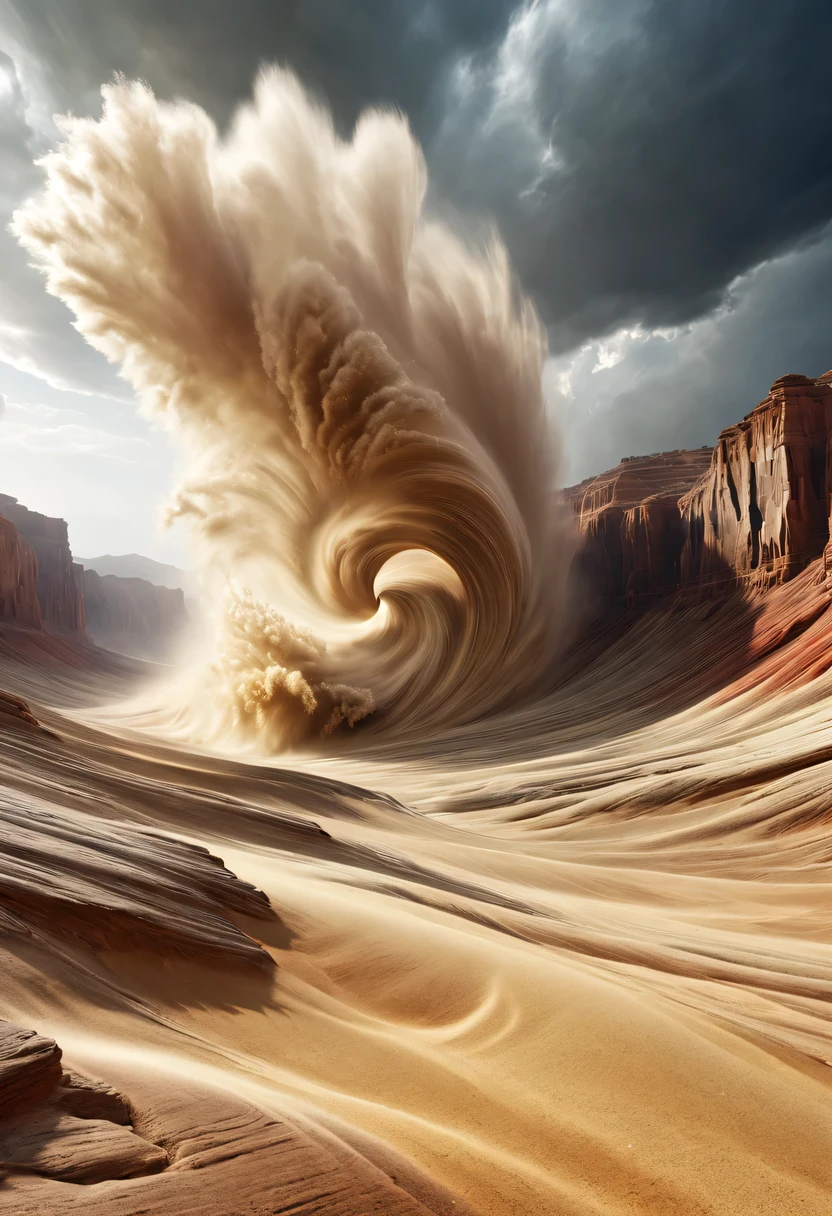 (desert canyon:1.5)，Narrow canyon in the middle of the desert,sandstorm，tornado，The hurricane rolled up the yellow sand and covered the sky，广阔的desert canyon,dramatic scenery,red sandstone formation,huge rock cliff,stunning landscape,deep and narrow ravine, in the style of photo realistic landscapes, Stone sculptures, cabin core, Stone, in the style of photo realistic landscapes, cabin core, tumbling wave,decorative background, photo realistic landscapes, large canvas format, 32k Ultra HD, photo, The best qualities of imaginative landscapes,4K,8k,high resolution,masterpiece:1.2),Super detailed,(actual,realistically,realistically:1.37),