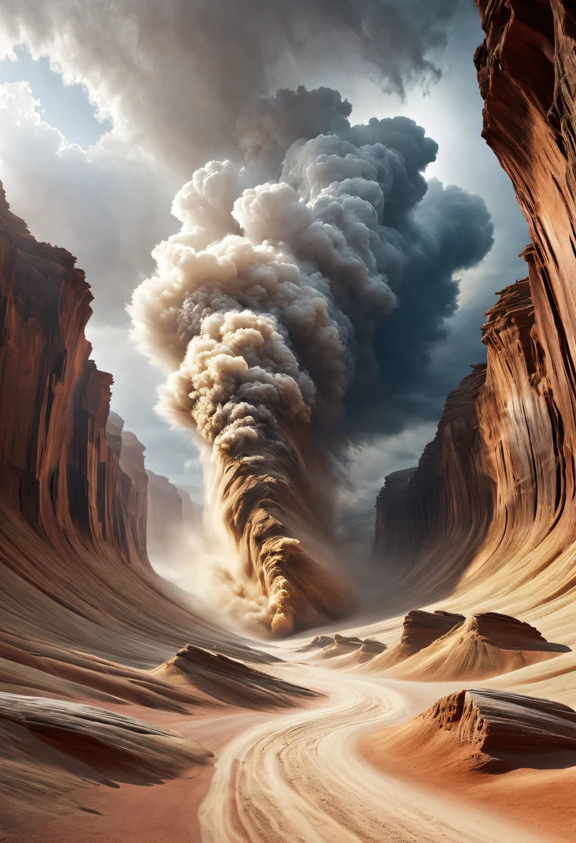(desert canyon:1.5),Narrow canyon in the middle of the desert,sandstorm,tornado,The hurricane rolled up the yellow sand and covered the sky,广阔的desert canyon,dramatic scenery,red sandstone formation,huge rock cliff,stunning landscape,deep and narrow ravine, in the style of photo realistic landscapes, Stone sculptures, cabin core, Stone, in the style of photo realistic landscapes, cabin core, tumbling wave,decorative background, photo realistic landscapes, large canvas format, 32k Ultra HD, photo, The best qualities of imaginative landscapes,4K,8k,high resolution,masterpiece:1.2),Super detailed,(actual,realistically,realistically:1.37),