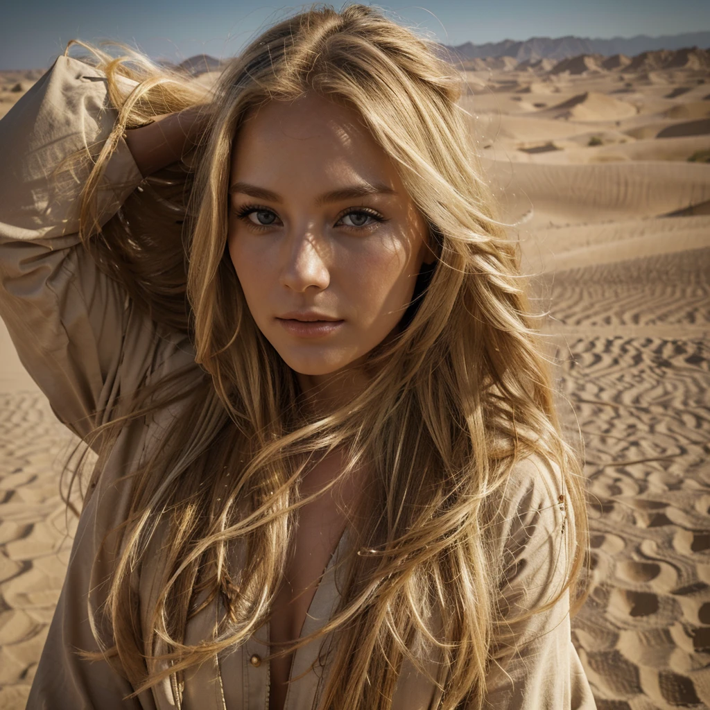 ((high quality)), ((best quality)), ((realistic)), On jung woman with blond long hair is in the dessert, africa, sand, wind, atmospheric sight, cinematic coloures, HDR, 8K,
