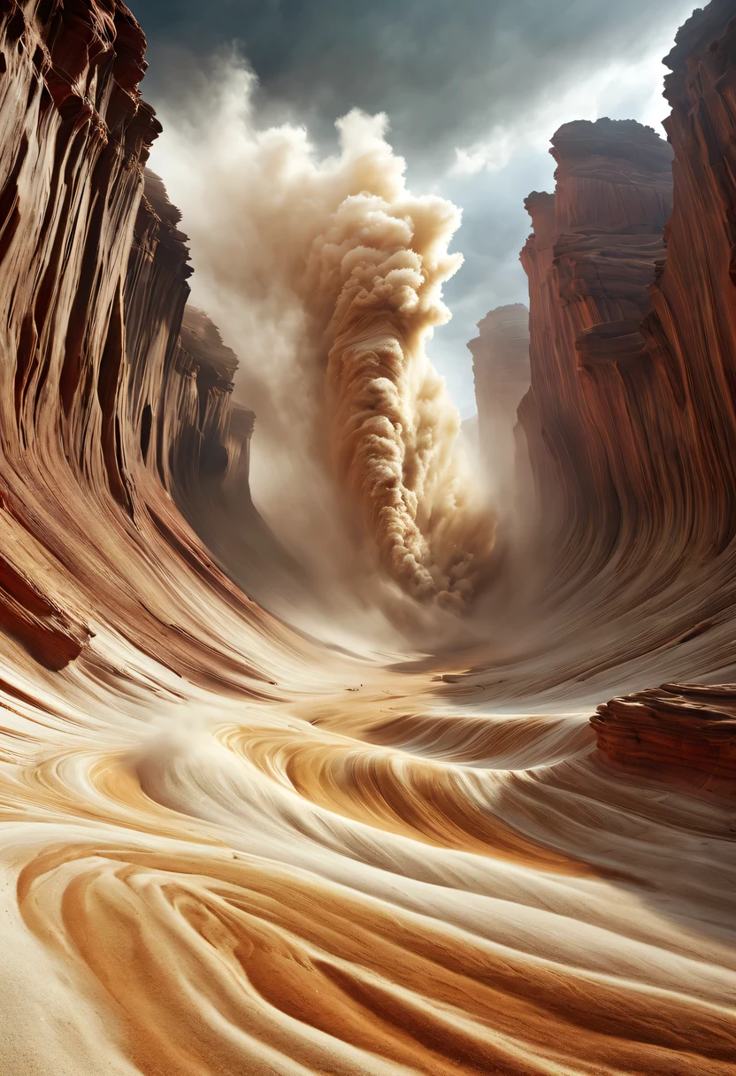 (desert canyon:1.5)，Narrow canyon in the middle of the desert,sandstorm，tornado，The hurricane rolled up the yellow sand and covered the sky，广阔的desert canyon,dramatic scenery,red sandstone formation,huge rock cliff,stunning landscape,deep and narrow ravine, in the style of photo realistic landscapes, Stone sculptures, cabin core, Stone, in the style of photo realistic landscapes, cabin core, tumbling wave,decorative background, photo realistic landscapes, large canvas format, 32k Ultra HD, photo, The best qualities of imaginative landscapes,4K,8k,high resolution,masterpiece:1.2),Super detailed,(actual,realistically,realistically:1.37),