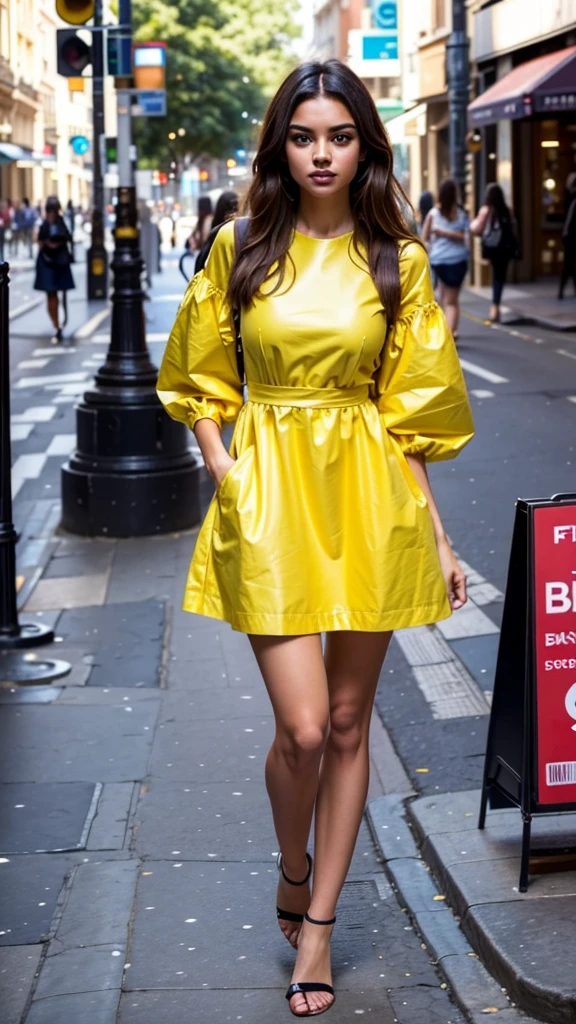 Generate an image of a girl standing in Sydney wearing a stylish and attractive dress. The dress should have a hot and random style with a mix of colors. Capture a diverse and eye-catching fashion moment in the city.