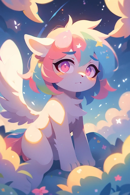 Marshmallow is a pony with a soft and fluffy manena and tail, painted in delicate pastel shades of pink, blue and purple. She has a shiny white coat, It's like she's covered in a layer of dew. The marshmallow has wings made of transparent material, that shimmer with all the colors of the rainbow. Her eyes are large and bright, With twinkling stars inside, And they are always full of joy and hope. Marshmallow adorns her mane and tail with floral wreaths and small diamonds.