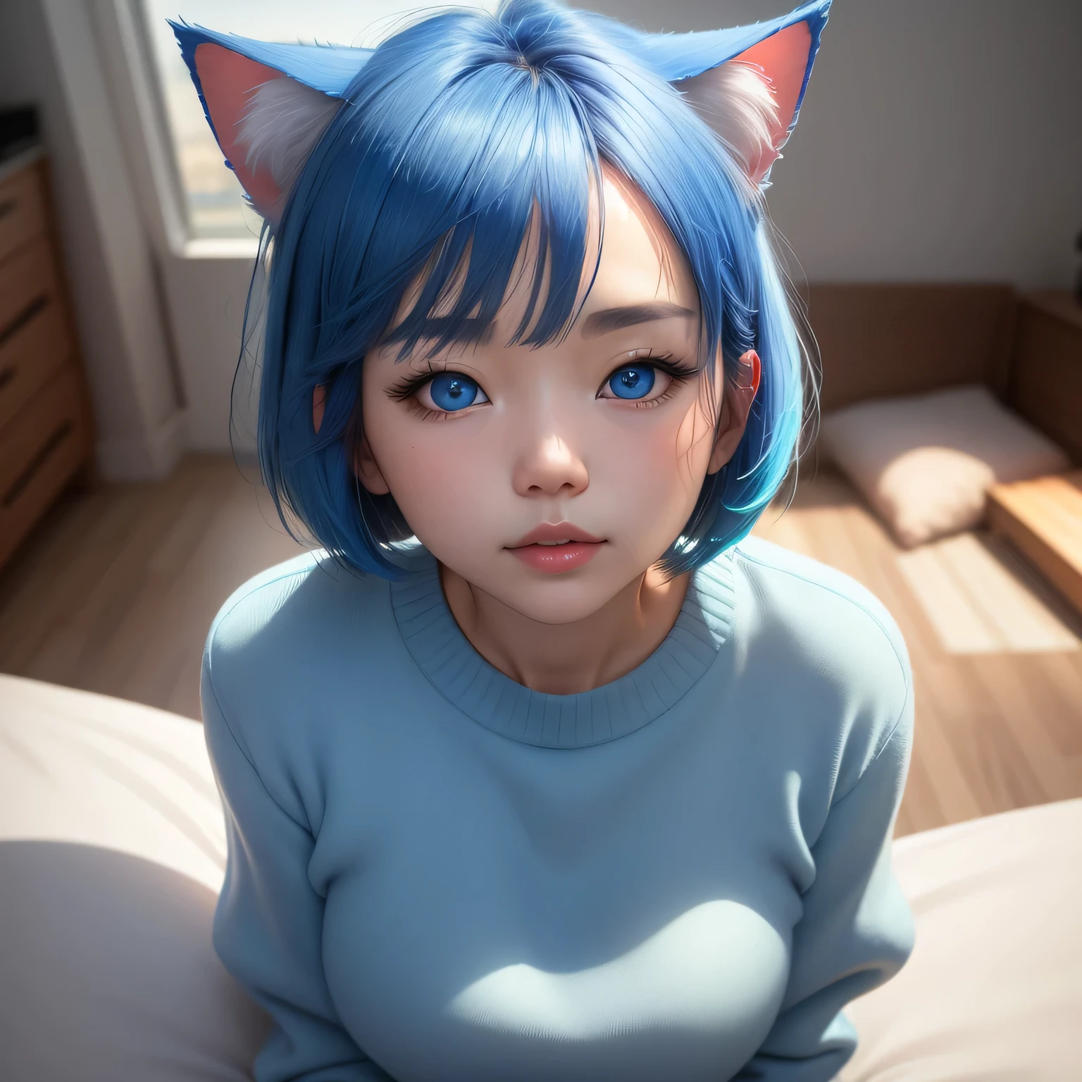 Bulma,man cumming all over her,big breasts,covered in white sticky substance,giving you a titjob,smiling,bright blue eyes,long blue hair,wearing orange cat ears,fully naked