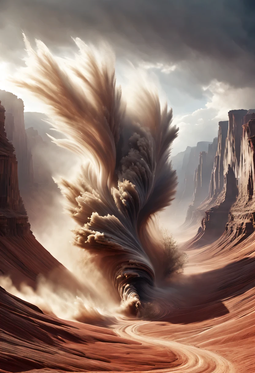 (desert canyon:1.5),Narrow canyon in the middle of the desert,sandstorm,tornado,广阔的desert canyon,dramatic scenery,red sandstone formation,huge rock cliff,stunning landscape,deep and narrow ravine, in the style of photo realistic landscapes, Stone sculptures, cabin core, Stone, in the style of photo realistic landscapes, cabin core, tumbling wave,decorative background, photo realistic landscapes, large canvas format, 32k Ultra HD, photo, The best qualities of imaginative landscapes,4K,8k,high resolution,masterpiece:1.2),Super detailed,(actual,realistically,realistically:1.37),