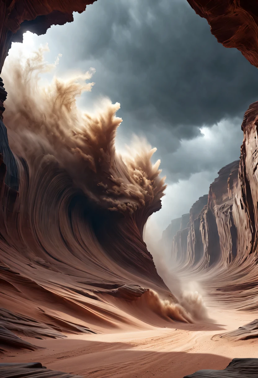 (desert canyon:1.5),Narrow canyon in the middle of the desert,sandstorm,tornado,广阔的desert canyon,dramatic scenery,red sandstone formation,huge rock cliff,stunning landscape,deep and narrow ravine, in the style of photo realistic landscapes, Stone sculptures, cabin core, Stone, in the style of photo realistic landscapes, cabin core, tumbling wave,decorative background, photo realistic landscapes, large canvas format, 32k Ultra HD, photo, The best qualities of imaginative landscapes,4K,8k,high resolution,masterpiece:1.2),Super detailed,(actual,realistically,realistically:1.37),