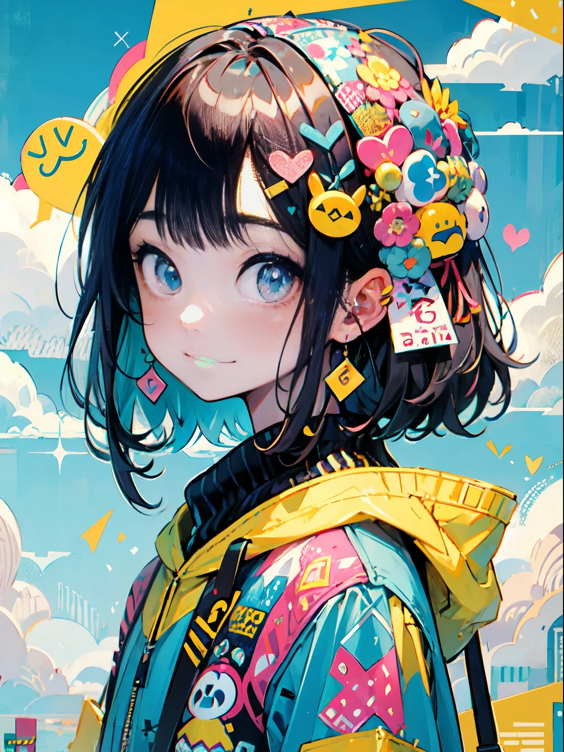 "kawaii, Lindo, Adorable chica vestida de rosa, amarillo, and baby blue color scheme. She wears sky-themed clothing with clouds and sky motifs... Su atuendo es esponjoso y suave, Con accesorios decorativos como pinzas para el cabello. Ella encarna un estilo de moda Harajuku vibrante y moderno."