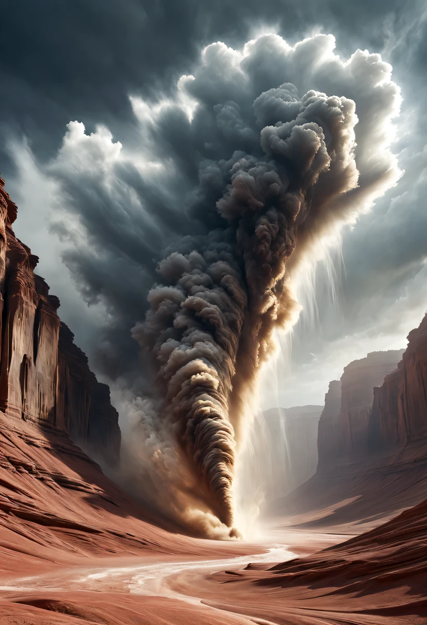 (desert canyon:1.5),Narrow canyon in the middle of the desert,sandstorm,tornado,广阔的desert canyon,dramatic scenery,red sandstone formation,huge rock cliff,stunning landscape,deep and narrow ravine, in the style of photo realistic landscapes, Stone sculptures, cabin core, Stone, in the style of photo realistic landscapes, cabin core, tumbling wave,decorative background, photo realistic landscapes, large canvas format, 32k Ultra HD, photo, The best qualities of imaginative landscapes,4K,8k,high resolution,masterpiece:1.2),Super detailed,(actual,realistically,realistically:1.37),