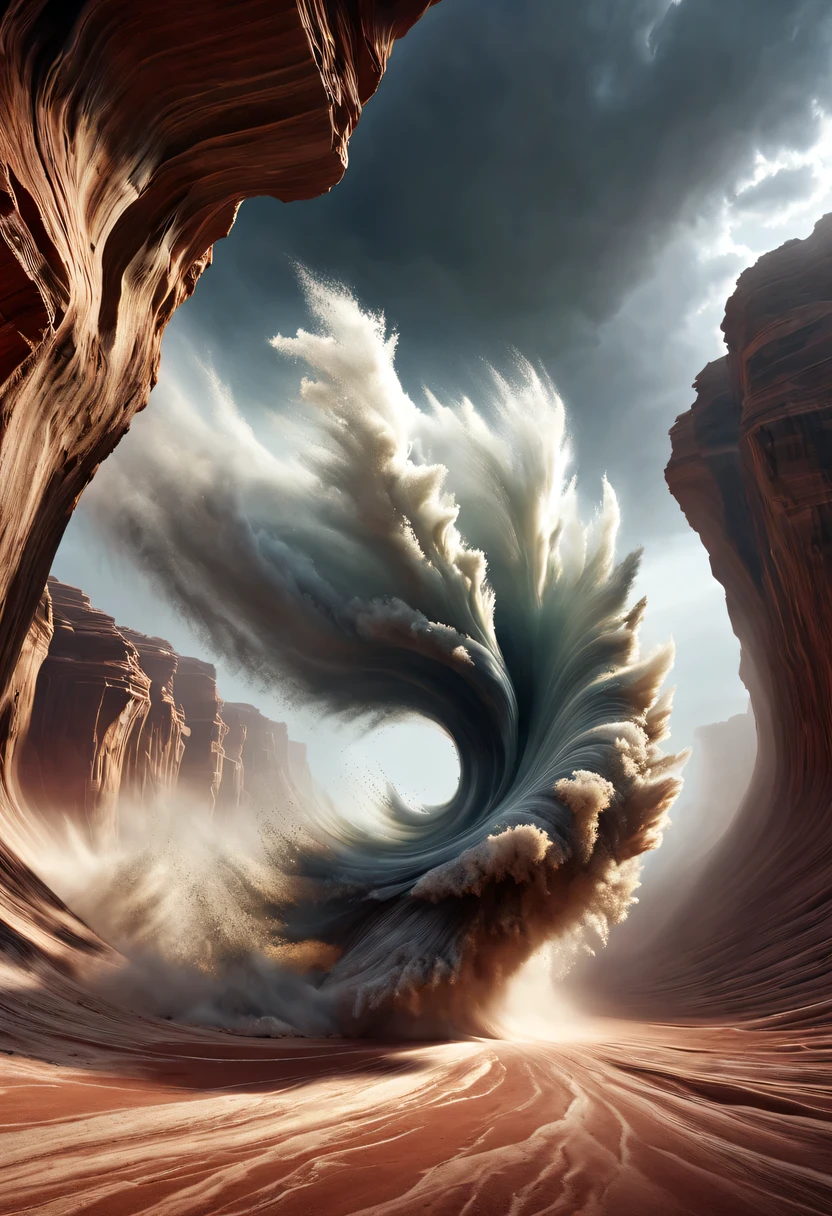 (desert canyon:1.5)，Narrow canyon in the middle of the desert,sandstorm，tornado，广阔的desert canyon,dramatic scenery,red sandstone formation,huge rock cliff,stunning landscape,deep and narrow ravine, in the style of photo realistic landscapes, Stone sculptures, cabin core, Stone, in the style of photo realistic landscapes, cabin core, tumbling wave,decorative background, photo realistic landscapes, large canvas format, 32k Ultra HD, photo, The best qualities of imaginative landscapes,4K,8k,high resolution,masterpiece:1.2),Super detailed,(actual,realistically,realistically:1.37),