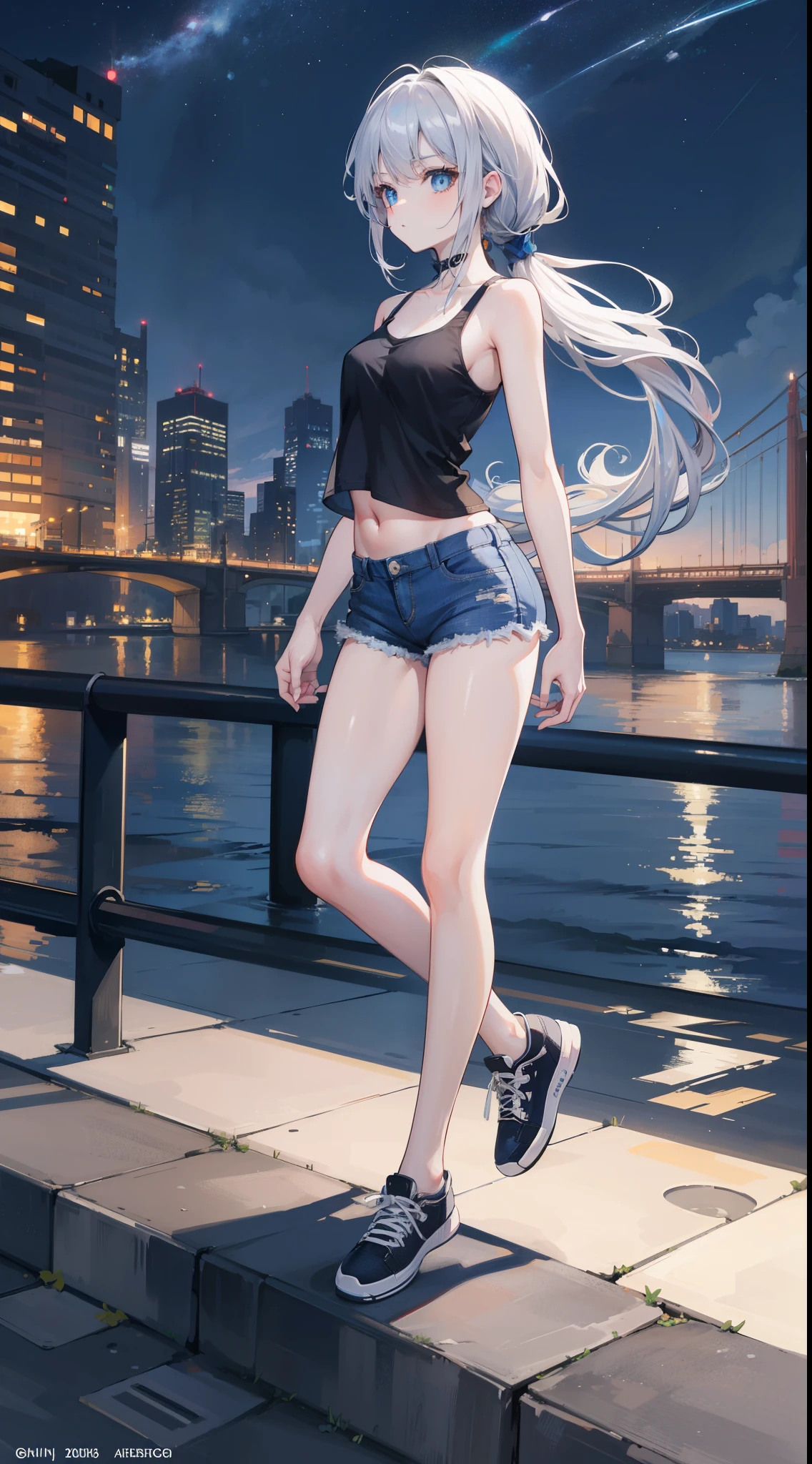 At 32K, best quality, Super detailed, high resolution, perfect anatomy, from the front, Beautiful city background, night time, cute , Beautiful blue eyes, Ideal ratio body proportions, Tank top, Jeans shorts, silver hair, long hair,twin tails,