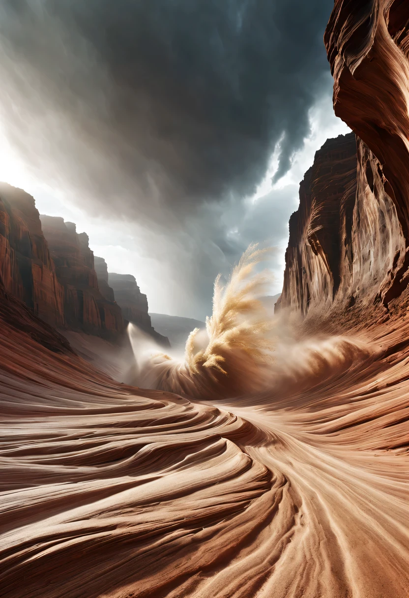 (desert canyon:1.5),Narrow canyon in the middle of the desert,sandstorm,tornado,广阔的desert canyon,dramatic scenery,red sandstone formation,huge rock cliff,stunning landscape,deep and narrow ravine, in the style of photo realistic landscapes, Stone sculptures, cabin core, Stone, in the style of photo realistic landscapes, cabin core, tumbling wave,decorative background, photo realistic landscapes, large canvas format, 32k Ultra HD, photo, The best qualities of imaginative landscapes,4K,8k,high resolution,masterpiece:1.2),Super detailed,(actual,realistically,realistically:1.37),