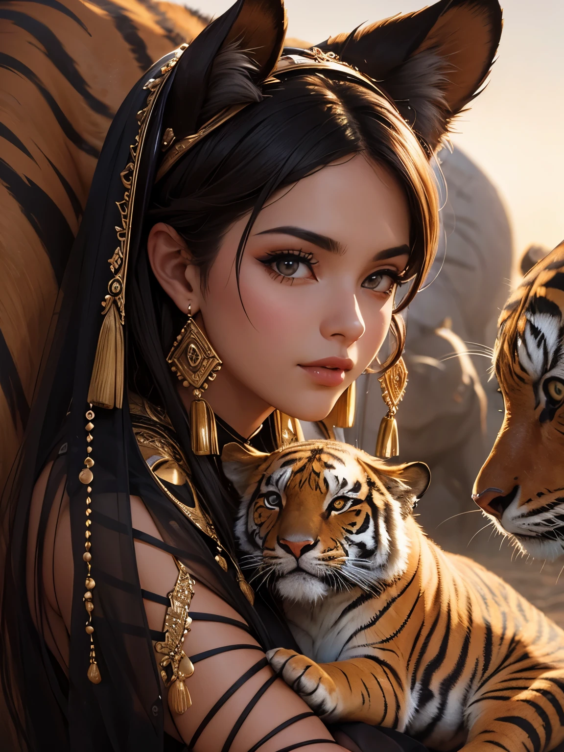 ((best quality)), ((masterpiece)), (detailed), (close up), (headshot), dark skin, perfect face, beautiful middle eastern woman surrounded by tigers, tigress, middle east background, HDR, 4K, 3D