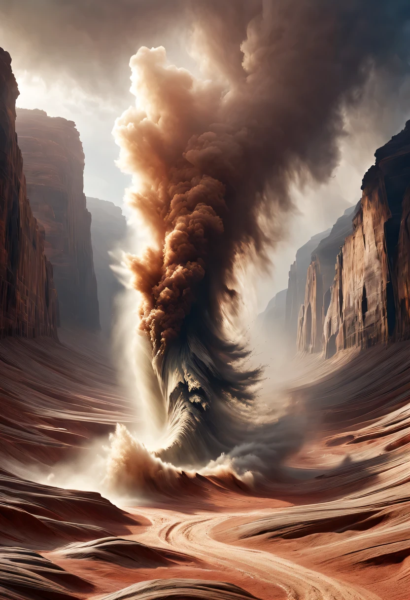 (desert canyon:1.5),Narrow canyon in the middle of the desert,sandstorm,tornado,广阔的desert canyon,dramatic scenery,red sandstone formation,huge rock cliff,stunning landscape,deep and narrow ravine, in the style of photo realistic landscapes, Stone sculptures, cabin core, Stone, in the style of photo realistic landscapes, cabin core, tumbling wave,decorative background, photo realistic landscapes, large canvas format, 32k Ultra HD, photo, The best qualities of imaginative landscapes,4K,8k,high resolution,masterpiece:1.2),Super detailed,(actual,realistically,realistically:1.37),