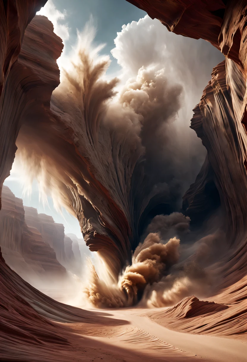 (desert canyon:1.5),Narrow canyon in the middle of the desert,sandstorm,tornado,广阔的desert canyon,dramatic scenery,red sandstone formation,huge rock cliff,stunning landscape,deep and narrow ravine, in the style of photo realistic landscapes, Stone sculptures, cabin core, Stone, in the style of photo realistic landscapes, cabin core, tumbling wave,decorative background, photo realistic landscapes, large canvas format, 32k Ultra HD, photo, The best qualities of imaginative landscapes,4K,8k,high resolution,masterpiece:1.2),Super detailed,(actual,realistically,realistically:1.37),