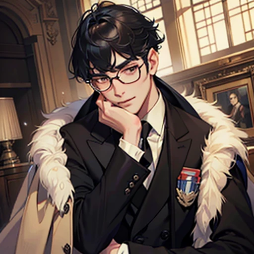 A young man with a pair of glasses puts a sly, seductive, provocative smirk on the face with his eyebrows dropped. He is tall and skinny. His bangs are all up. Wearing a student coat and suit casually.